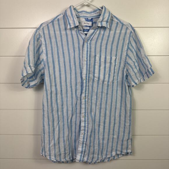 Porter & Ash 100% Linen Striped Button Front Shirt Blue White sz L - Picture 1 of 7